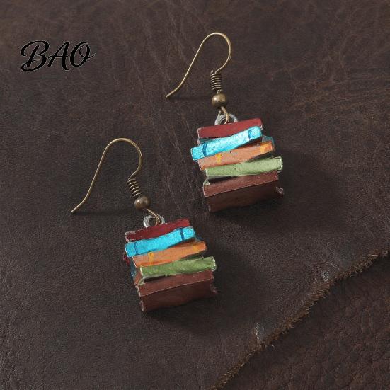 Handmade Resin Earrings 1 Pair Women Earrings, Retro Mini Stacked Book Design Hook Lightweight Literary Drop for Jewelry Gift