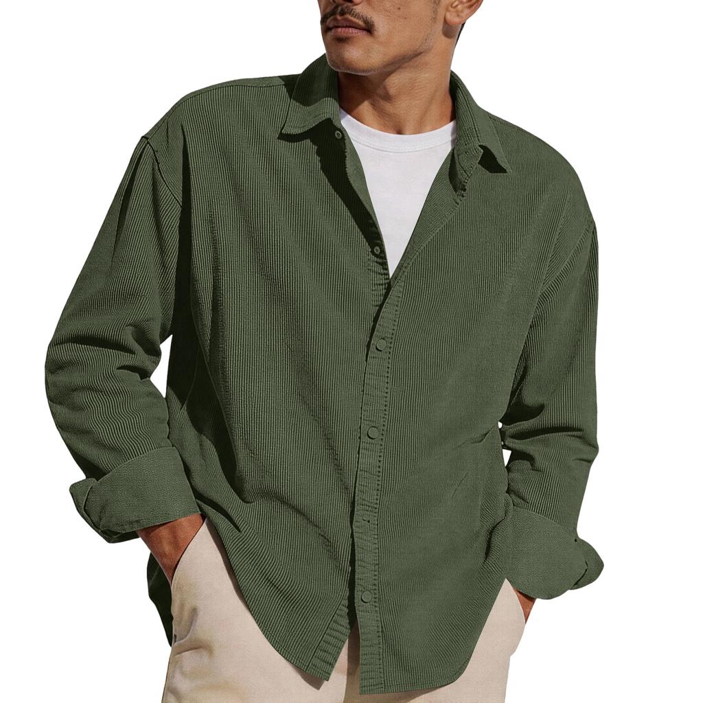 Men's Casual -color Lightweight Breathable Corduroy Button-down Shirt - Men's Stylish Loose-fitting Long-sleeved Shirt