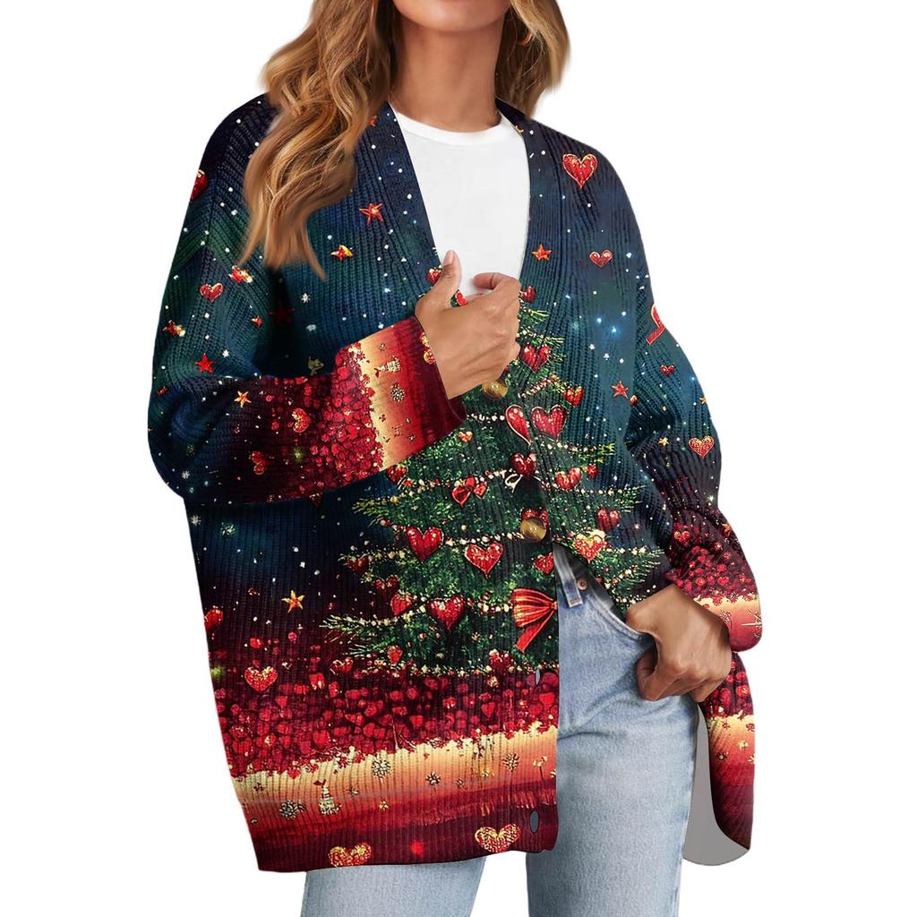 Women's Fashion Long Sleeve Christmas Print V-Neck Button Loose Cardigan Top
