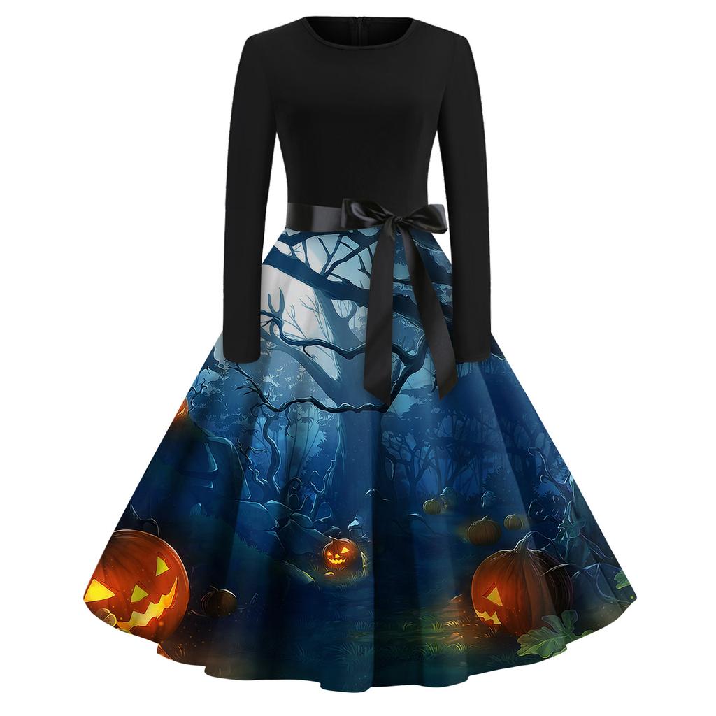 Women's Fashion Round Neck Casual Slim Fit Halloween Printed Long Sleeve Dress