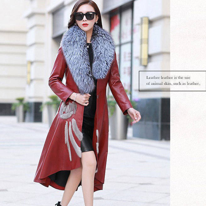 Europe, America autumn and winter new leather jacket women's long knee large size leather trench coat imitation fur coat