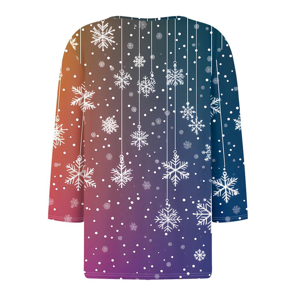 Женская футболка с рождественским принтом, на пуговицах, рукав 3/4, повседневная, выходного дня, модная, базовая, с V-образным вырезом, стандартный топ