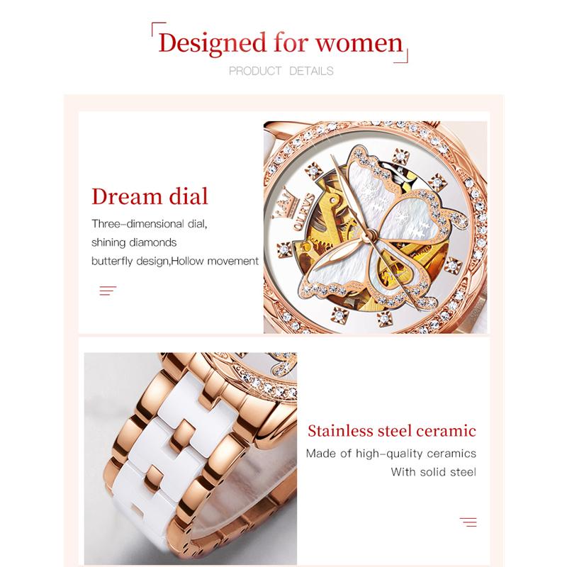 OLEVS 6622 с подарочной коробкой Часы Кожаные часы с водонепроницаемыми автоматическими механическими часами Женские часы