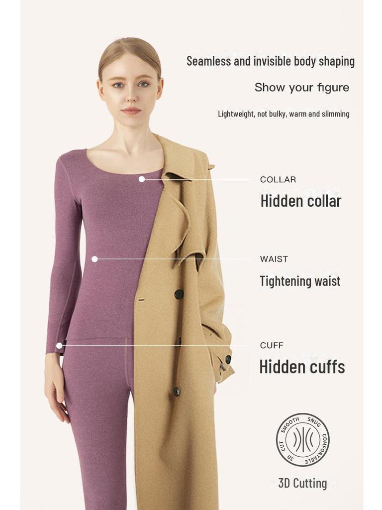 Женский термобелье, не раздражающее кожу: Двусторонний немецкий бархат, бесшовный круглый вырез, облегающий крой, на осень/зиму.