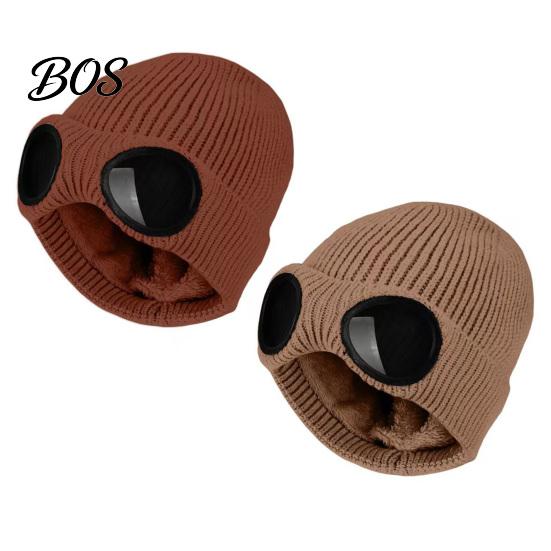 Snow Proof Outdoor Cycling Hat 2Pcs Fleece Lined Hats with Goggles, Warm Winter Knit Stretchy Brimless Eye Protection Hats, Windproof Skiing Caps for