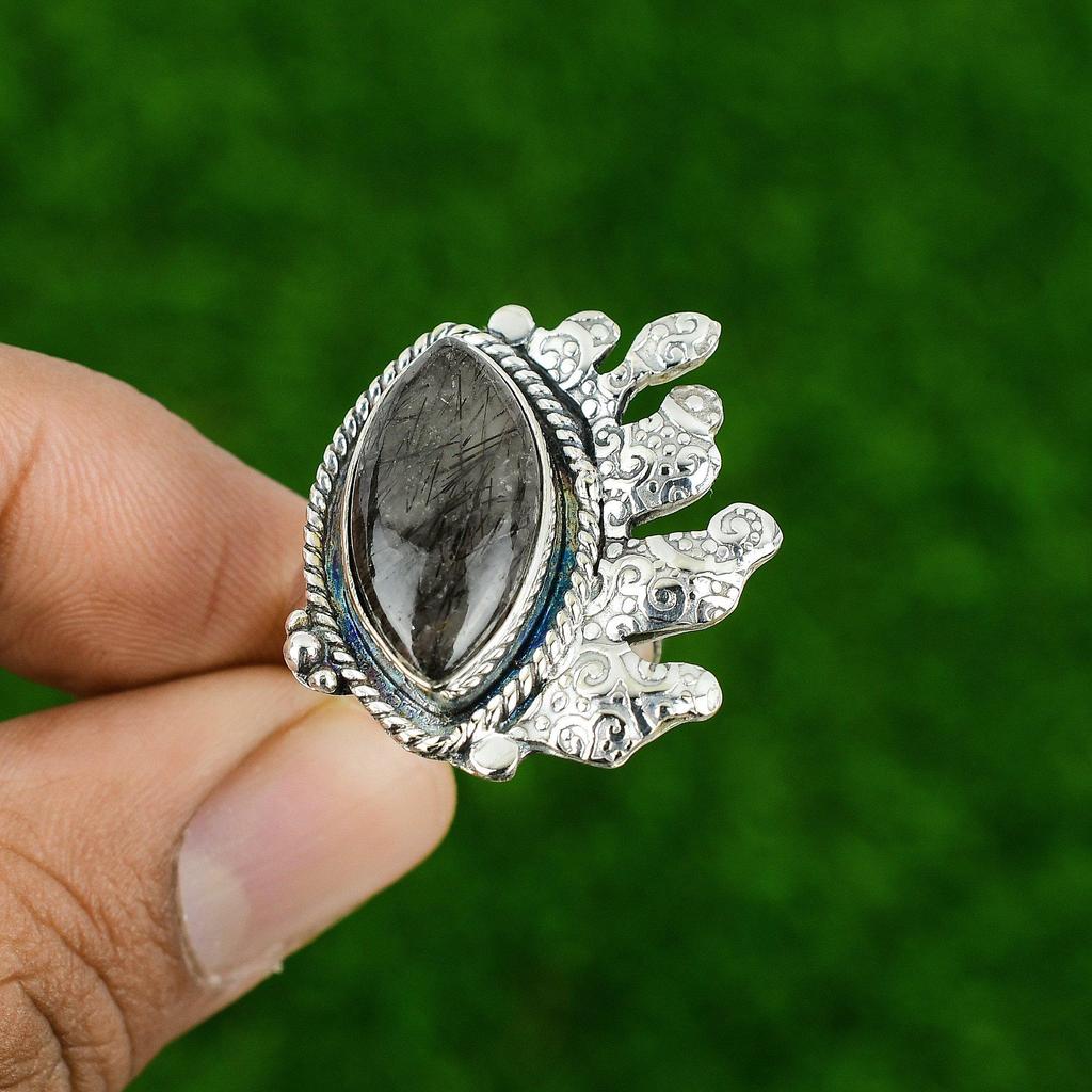 Natural Black Rutile Gemstone 925 Silver Statement Adjustable Ring For Girls