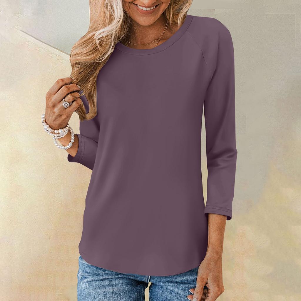 Рубашка для женщин, модная повседневная свободная однотонная футболка с рукавами реглан и круглым вырезом, рукав 3/4, женский топ