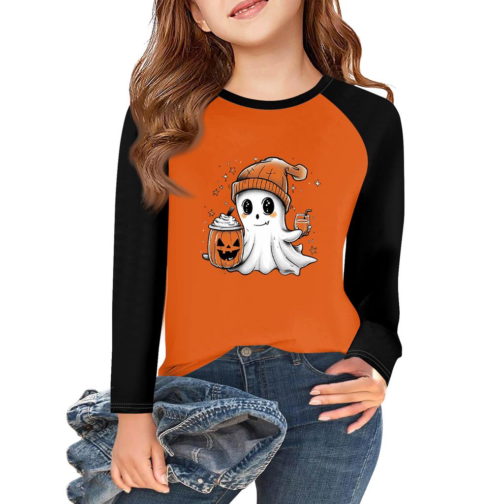 Футболки с длинным рукавом для девочек на Хэллоуин, детские осенние топы с круглым вырезом, базовые футболки 5-14 лет