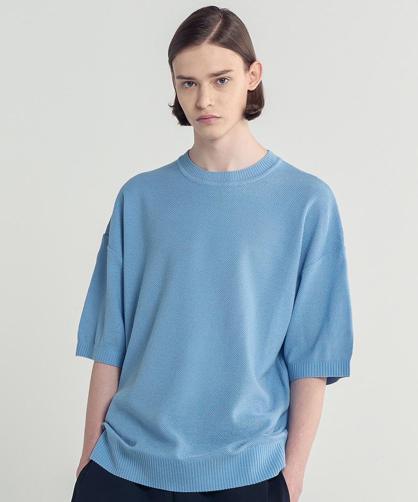 BLOND9 Mesh Pk Round Neck Short Sleeve Knit_Sky Blue