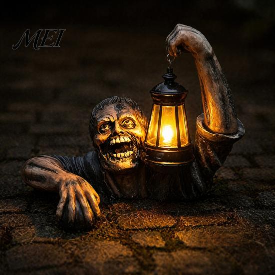 Decorative Resin Zombie Figures Halloween Creepy Zombie/Skeleton Lantern Statue, Horror Figurine Decor, Light Up Groundbreaker Decorations Holding