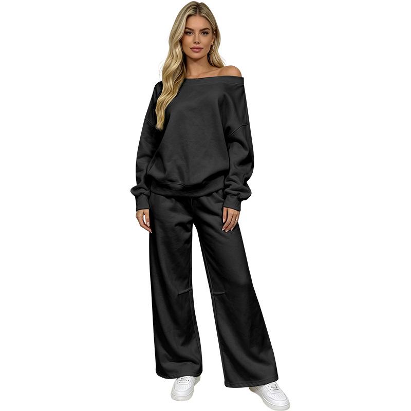 New solid color off-the-shoulder long-sleeved pullover women's sweater fashion casual wide-leg pants set