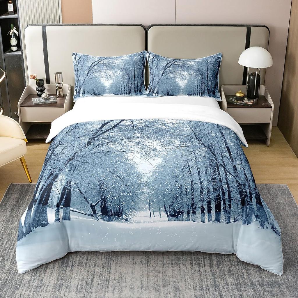 Snow Christmas Duvet Cover Set, Decorative 3 Piece Bedding Set With 2 Pillow Shams, Single King Queen Twin Size Bed Collection