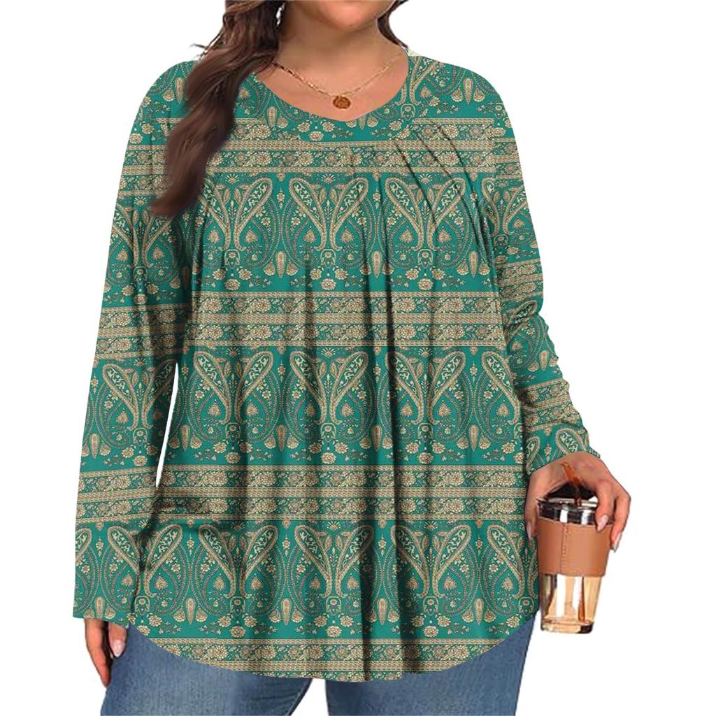 Женский модный топ большого размера с принтом, повседневный плиссированный, с круглым вырезом и длинными рукавами