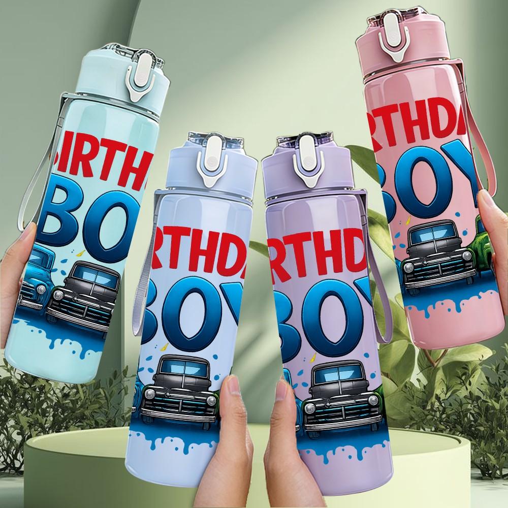 1PC Birthday Boy Car Truck Pattern 750ml Color Plastic Sports Water Bottle Leakproof Flip Straw Lid Suitable for Sports Office Home Use