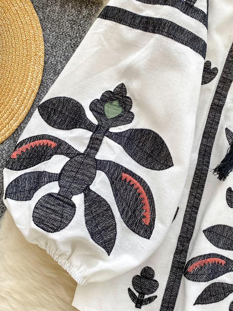 Весна Осень Новая Винтажная Рубашка с Рукавами-Фонариками Женская Вышитая Круглый Вырез Ремешок Свободная Повседневная Блузка Топ