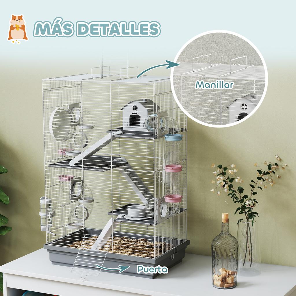 Hamster Cage, Tunnel, Platforms, Bowl, Water Bottle, House, Ramps, Wheel, 47 x 30 x 70 cm, Grey