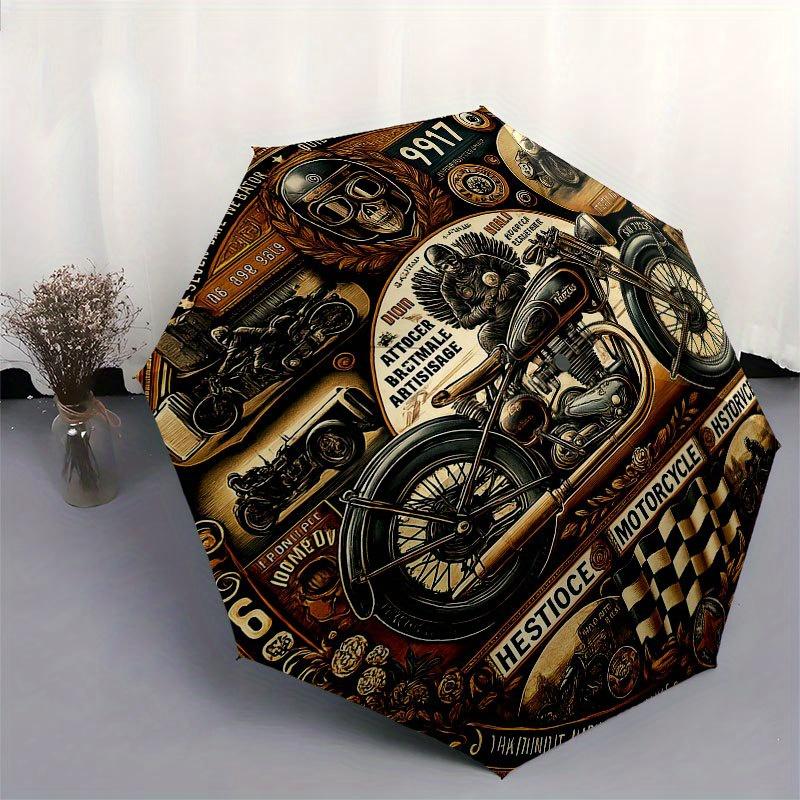 Vintage Motorcycle Art Print: Classic Biker Decor Umbrella, Cute Umbrella with Cute Design, Portable 3-Fold Compact Umbrella for Men & Women, Valentin