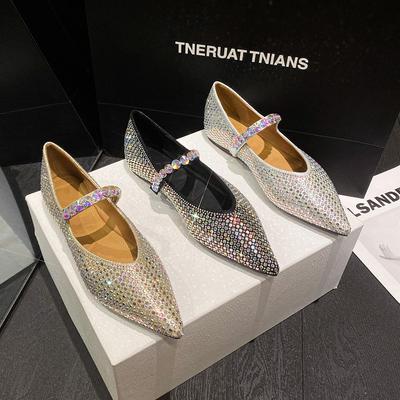 2024 Европейская обувь для женщин Плоские туфли Роскошные блестящие стразы с острым носком Туфли Мэри Джейн для девочек Мокасины без застежек 33-43