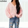 Women Casual V Neck Long Sleeve Loose Knitted Cardigans Sweaters