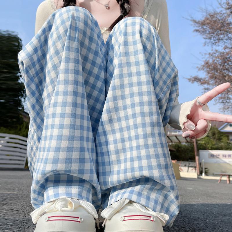 Women's Summer Dopamine Relaxed Lazy Thin High-End Contrast Color Plaid Straight-Leg Drapey Casual Wide-Leg Pants