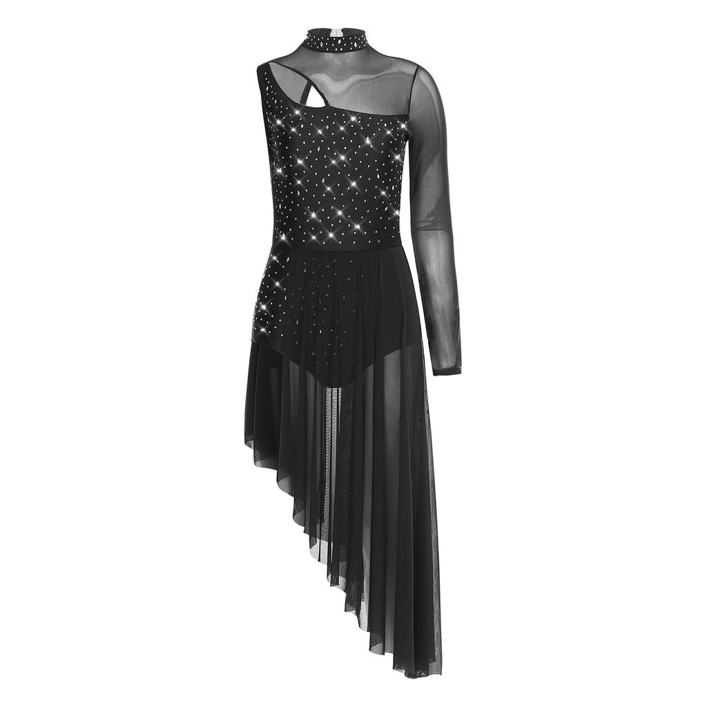 Womens Asymmetrical Lyrical Dance Dress Mock Neck Cutout Sheer Mesh Shiny Rhinestones Performance Costume