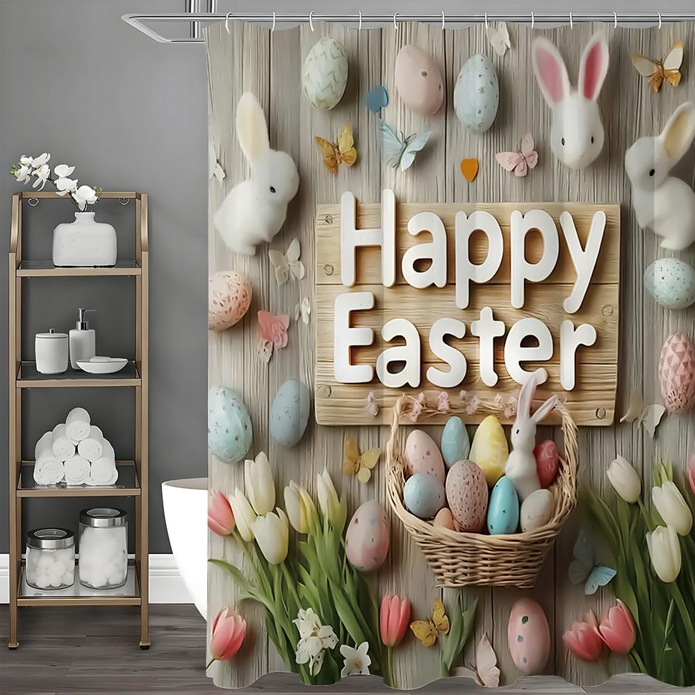 Happy Easter Bunny Eggs Floral Shower Curtain, Bathroom Decorative Shower Curtain, Waterproof Shower Curtain with Hooks