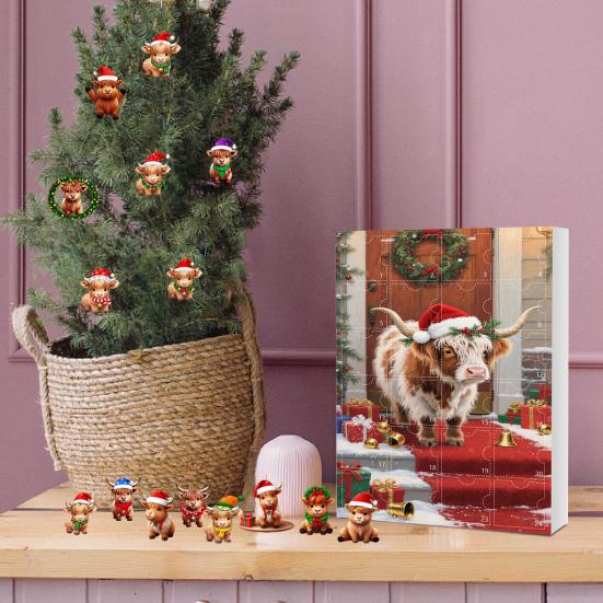 Шотландская высокогорная корова Адвент-календарь Рождество 24 дня Смешной обратный отсчет коровы 2D дизайн Праздничный подвесной декор