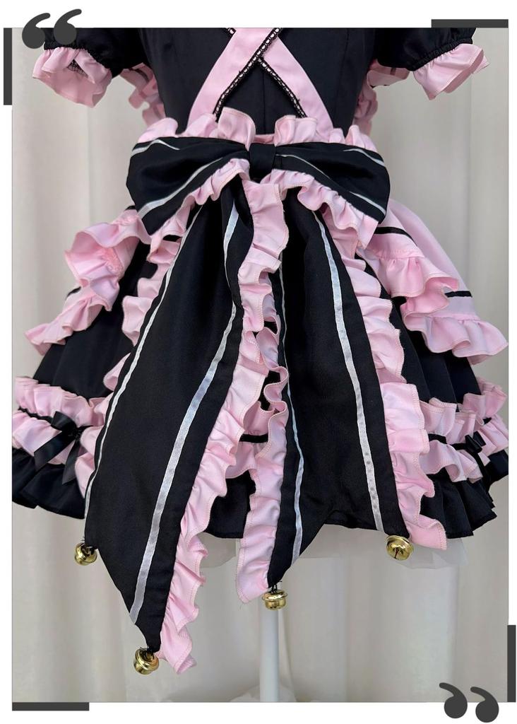 Maid Gothic Waitress Cosplay Costume with Frilled Lolita Neat and Perfect for Cafes and Amusement Short Black and Pink Ear Size [Shangki