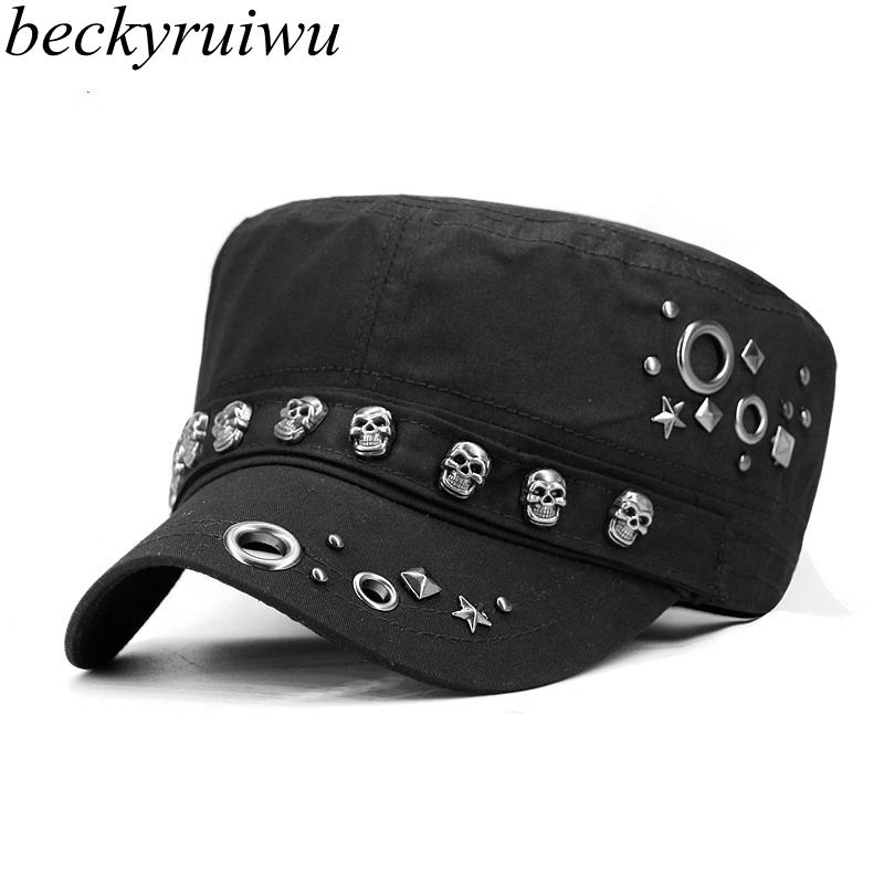Beckyruiwu Взрослые Хип-хоп Панк Рок Череп Заклепки Плоские Козырьки Мужские Большого Размера Прилегающие Бейсболки 56-58см 60-62см