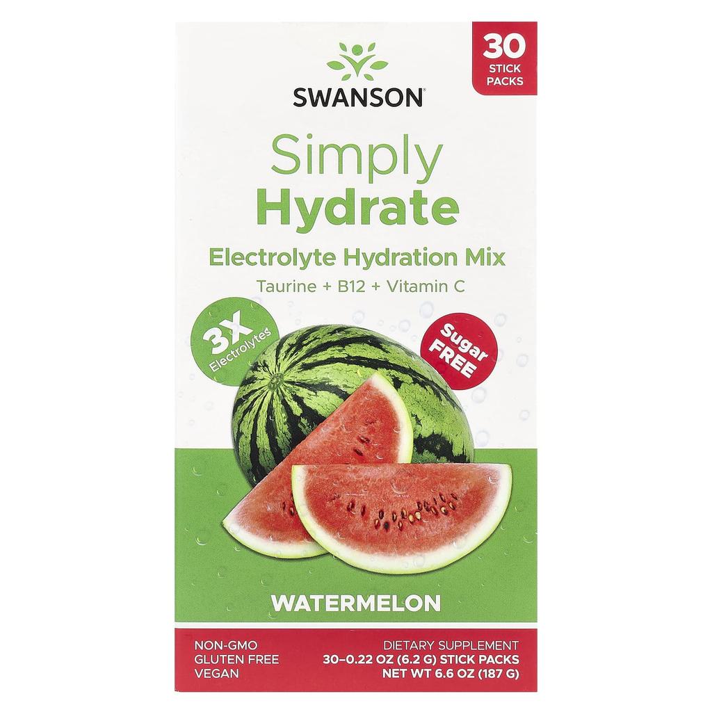 Swanson, Simply Hydrate, Electrolyte Hydration Mix, Watermelon Flavor, 30 Stick Packs, 0.22 oz (6.2 g) Each