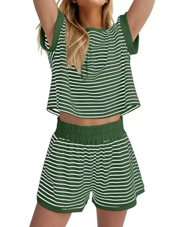 Spot fashion casual striped short-sleeved shorts set European and American casual loose spring and summer set