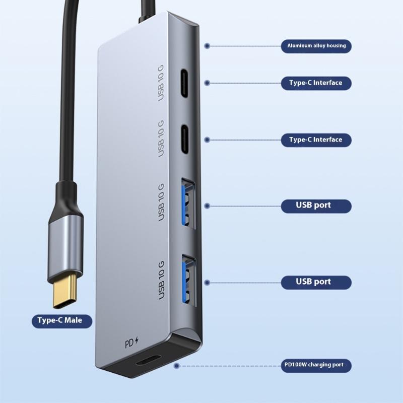 USB-C разветвитель 2x USB-C, 2x USB-A порта, скорость передачи 10 Гбит/с, зарядка PD100 Вт, алюминиевый хаб для устройств