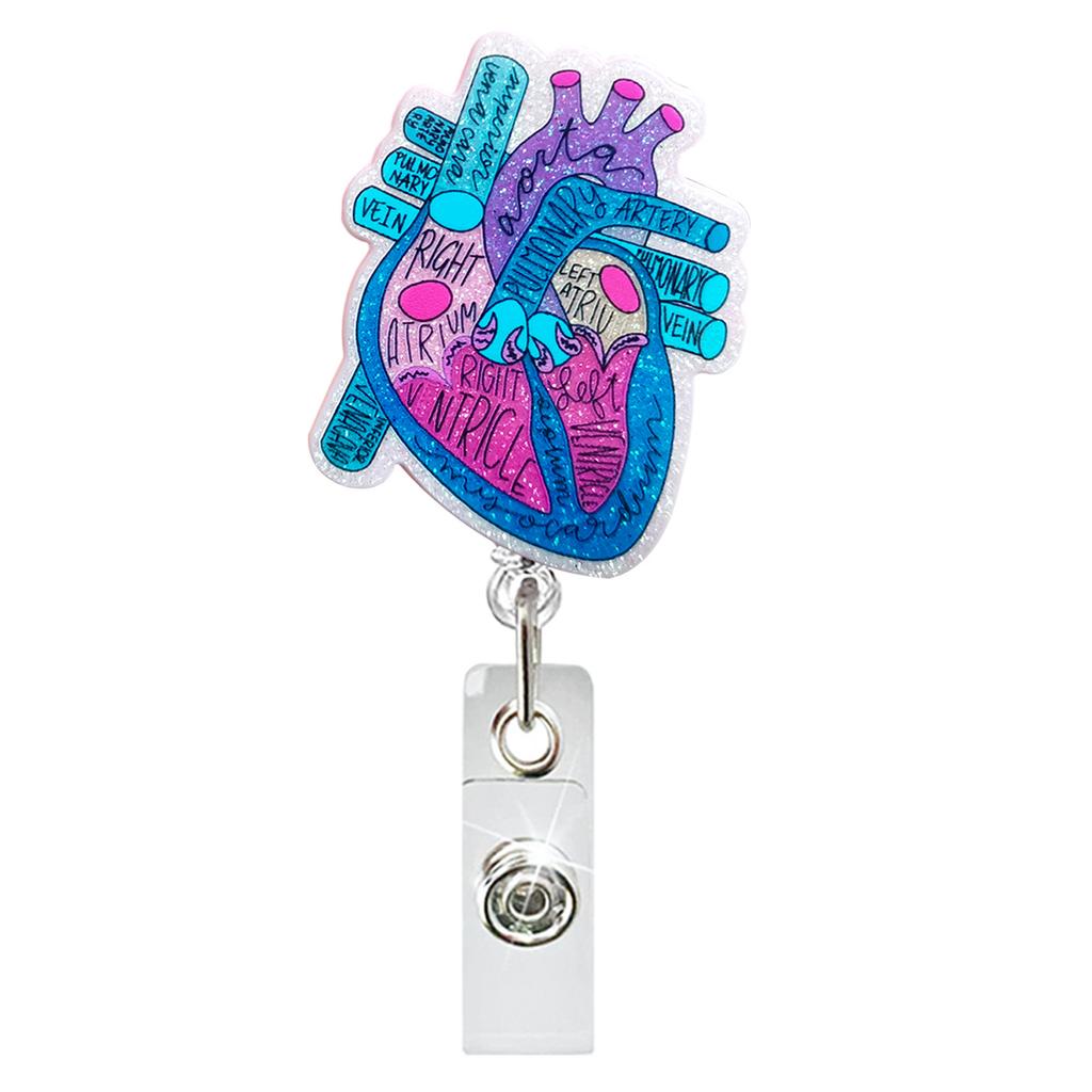 Medical Heart Lung Brain Acrylic Glitter Retractable Badge Reel Rotating Crocodile Clip ID Badge Holder for Doctor Nurse