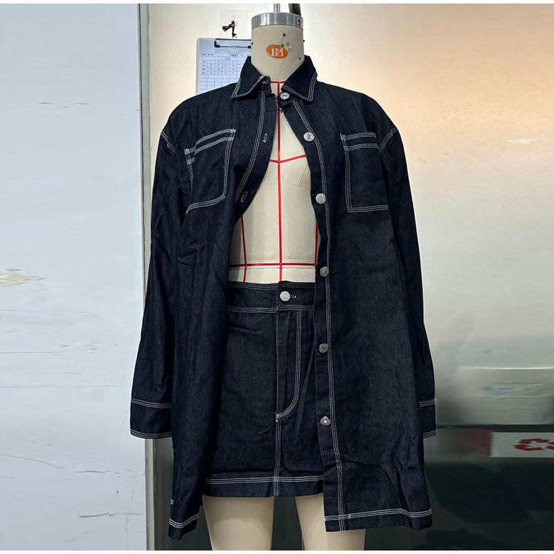 Vintage Denim 2 Piece Sets Women's Mini Skirts Polo Collar Long Sleeve Pockets Tops Hip Package Skirt Lady Streetwear 2025 Spring Summer