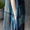 AOLIPT Long Summer Checkered Long Short Loose Plus Natural Women's Dress, Cotton-Linen Dress, Length, Sleeves, V-Neck, Fit, Sizes, Slimming, (M Blue)
