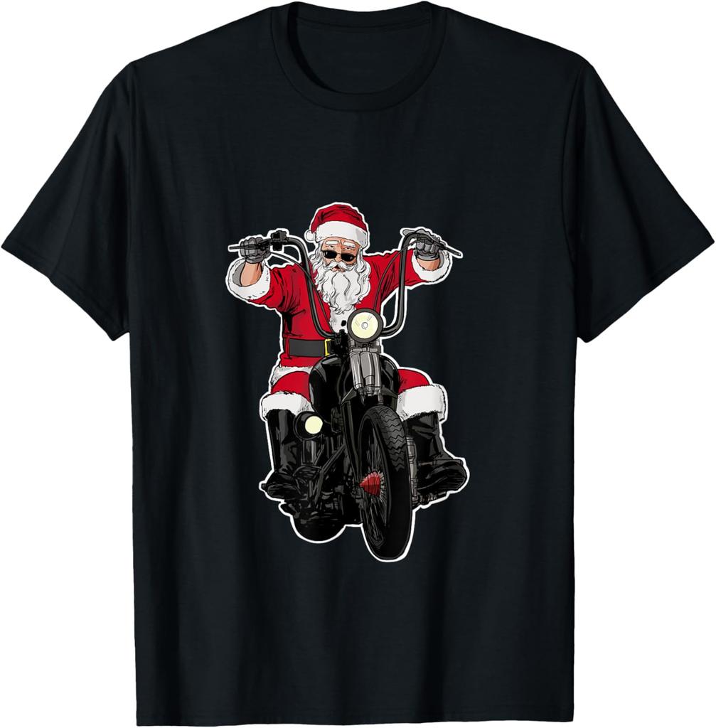 Cool Riding Motorcycle Santa Motorcycle Riding Graphic Tee Men's Casual Cotton T-Shirt