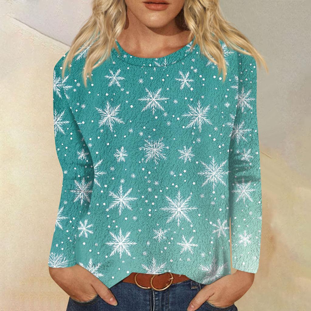 Женская модная повседневная фланелевая футболка с длинным рукавом и круглым вырезом с рождественским принтом
