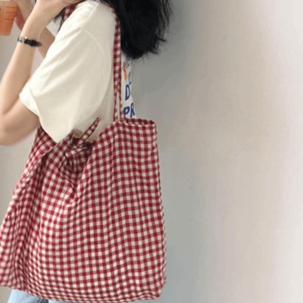 Print Grid Pattern Canvas Bag Retro Handbag Simple Printed Shoulder Bag Women