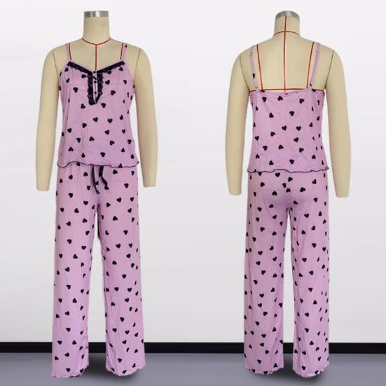 Женский пижамный комплект из 2 шт./компл., атласный кружевной топ без рукавов с принтом сердца, брюки с эластичной резинкой на талии и бантом, домашняя одежда, топ, брюки, костюм, женская летняя одежда для сна, гостиная