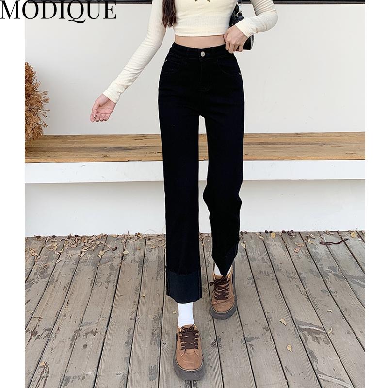 MODIQUE, весенние большие размеры, новые женские винтажные эластичные прямые длинные джинсы с высокой талией, женские базовые повседневные брюки, брюки