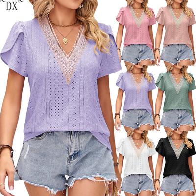 DX~~Женская летняя свободная футболка с v-образным вырезом и кружевными лепестками с короткими рукавами