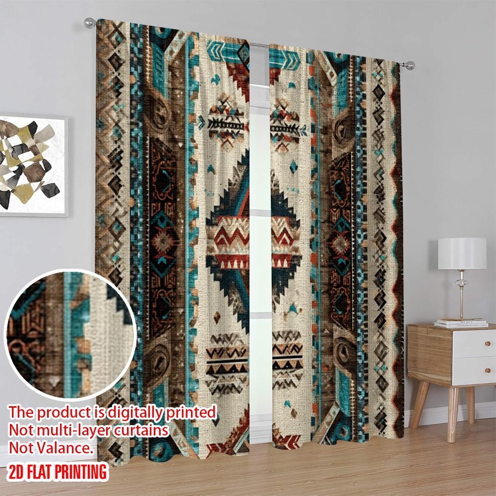 2D flat printing 2pcs Window Drapes Aztec Southwestern Native Fabric  Without Electricity Festive Backdrops Use for Office