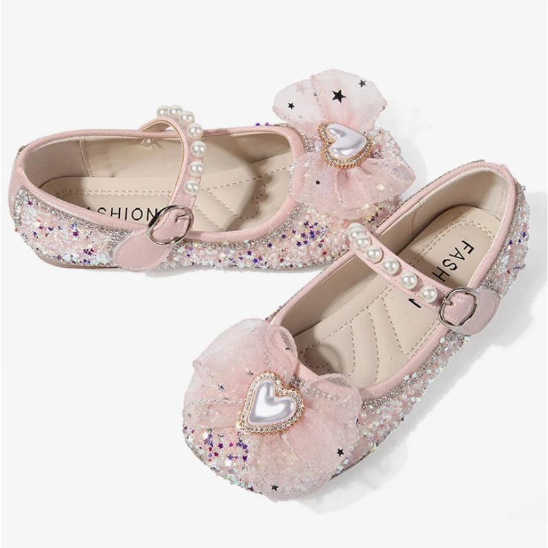Весна-Осень Детские кожаные туфли Милые праздничные свадебные туфли для девочек Модные детские туфли принцессы с блестками и жемчугом на плоской подошве