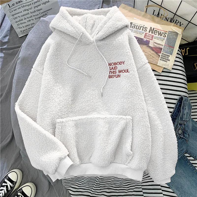 Autumn Winter Fashion Hooded Sweatshirt Women Korean Loose Solid Letter Tops Long Sleeve Warm Outfit Hoodie Lady Casual Street