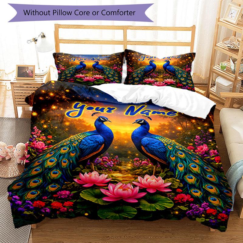 3PC Custom Name Peacock Garden Fantasy Bedding Set Duvet Cover Closure Includes 1 Duvet Cover & 2 Pillowcases for Bedroom