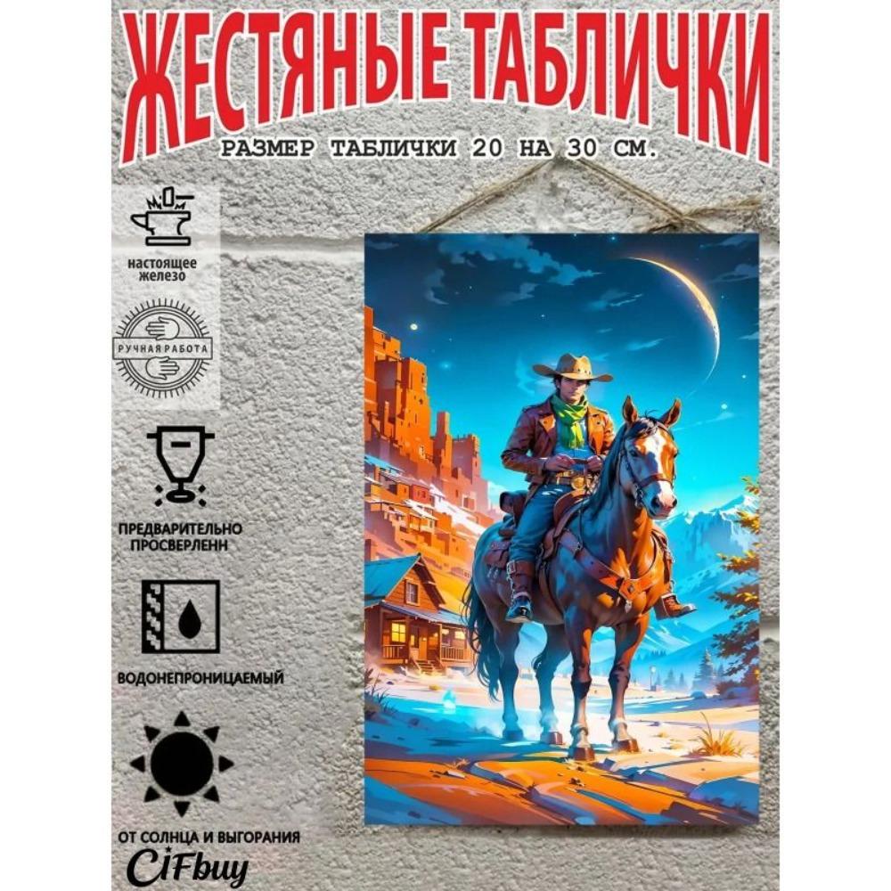 Металлическая жестяная табличка "Ковбой на лошади" 20x30 см Рустикальный декор стен