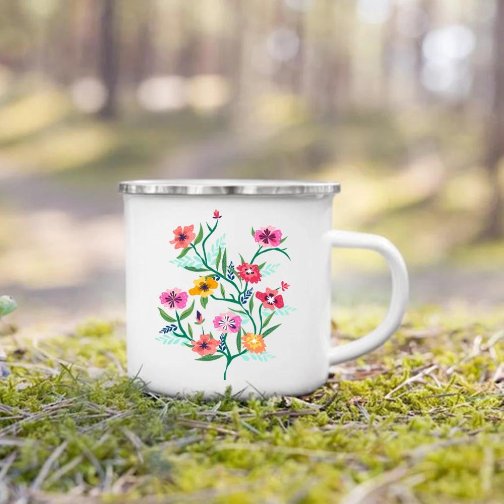 Креативные эмалевые кружки для кофе с цветочным принтом, походные чашки для сока, какао, студенческие кружки для завтрака и молока для детей