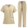 Women's Quick Drying Fabric Solid Color V-neck Pocket Short Sleeved Pants Set Workwear