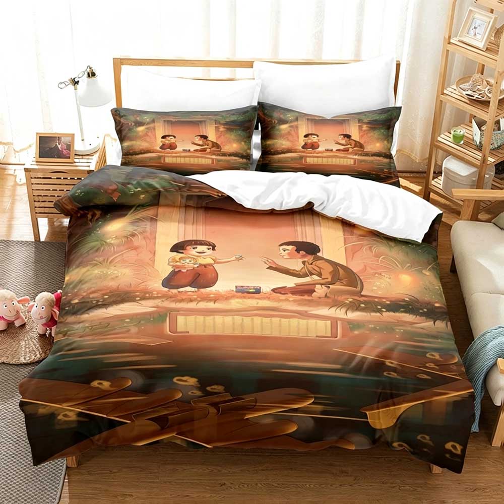 Cute Grave the Fireflies Bedding Set Cartoon Print Duvet Cover Pillowcase Soft Kids Bedroom Bed Linens Birthday Gift