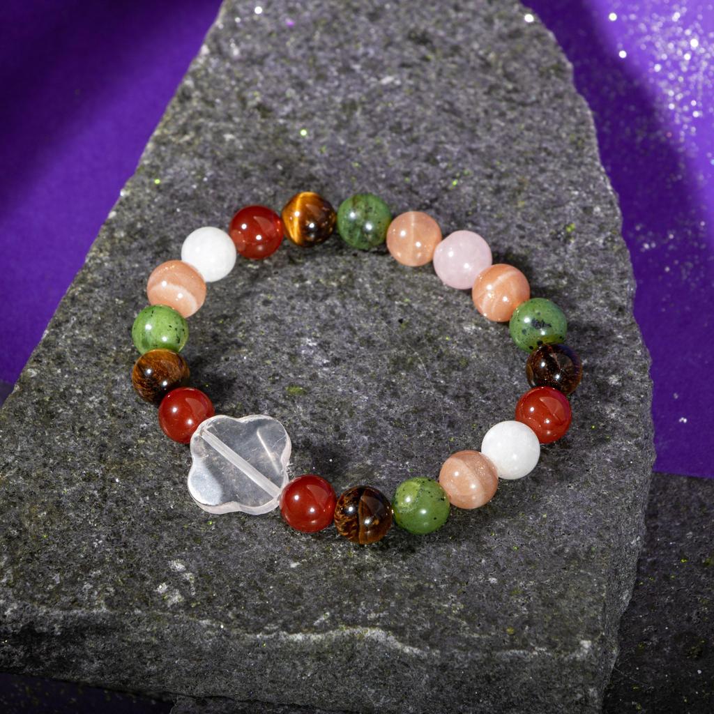Браслет Близнецы Лунный камень, Солнечный камень, Тигровый глаз, Красный агат, Розовый кварц, Нефрит